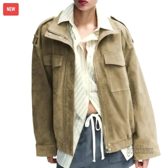 Faux Suede Bomber Jacket Oversized Blazer Long Sleeve Zipper Lapel - Picture 2 of 7